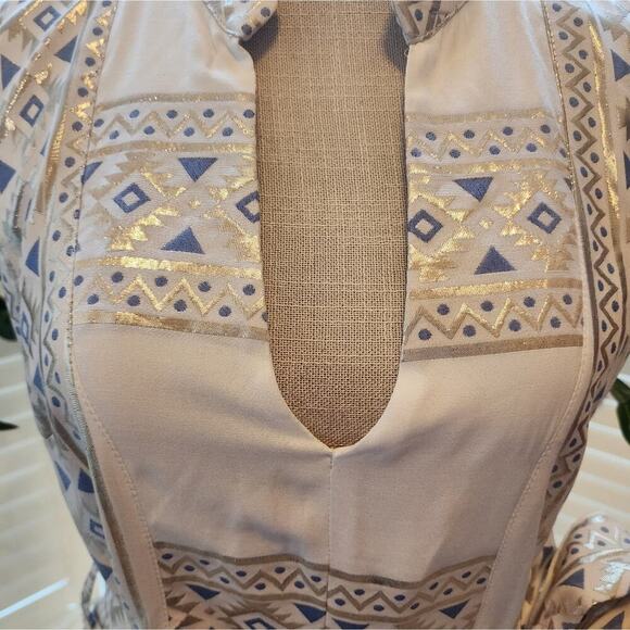 KASIA NEW AZTEC GOLD / BLUE V NECK DRESS SIZE SMALL RETAIL $238 - Picture 2 of 11
